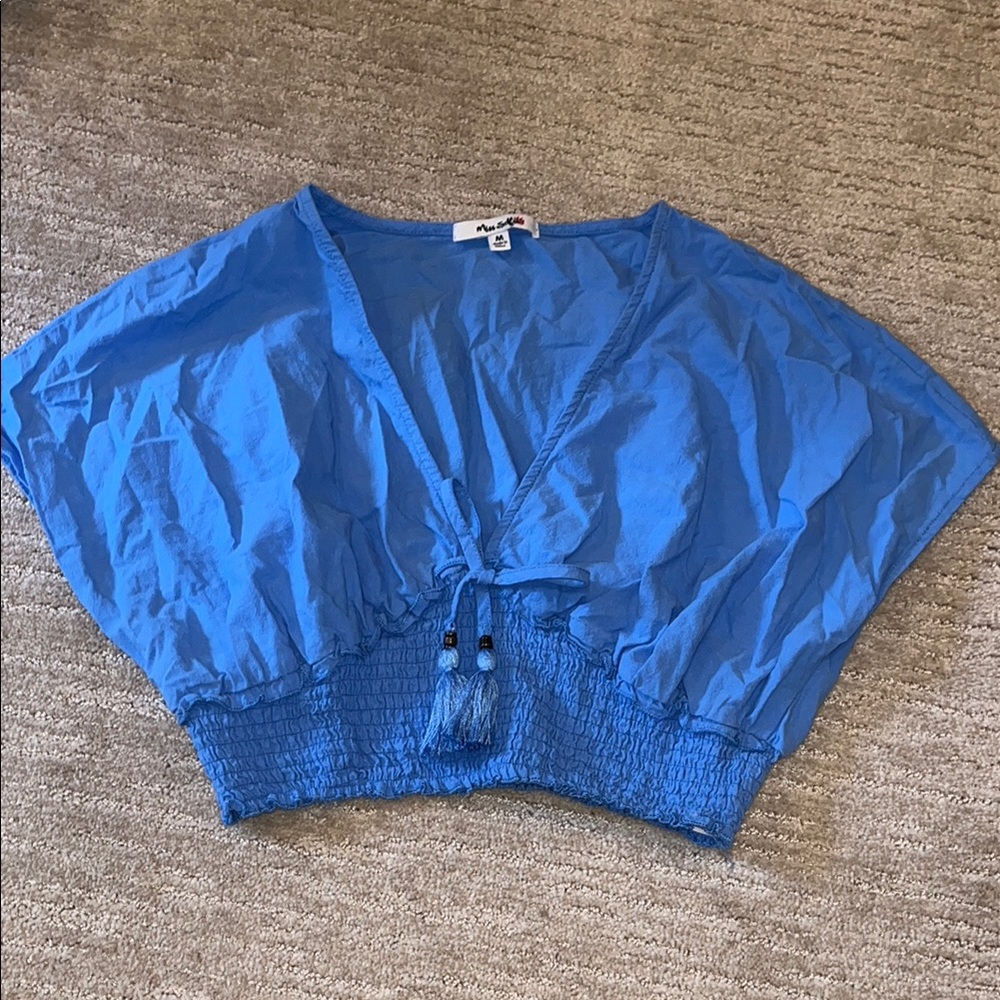 Blue Smocked Crop Blouse with Tie Front